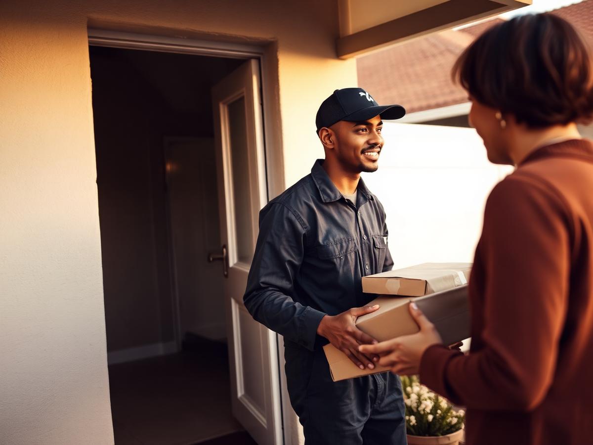 A courier handing a cardboard parcel to a customer at their front door