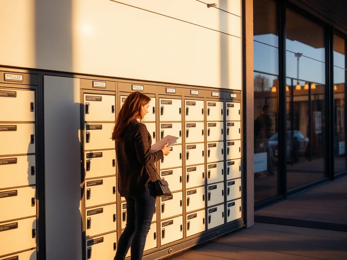 A customer collecting a parcel from a bank of self-service lockers outside a retail centre