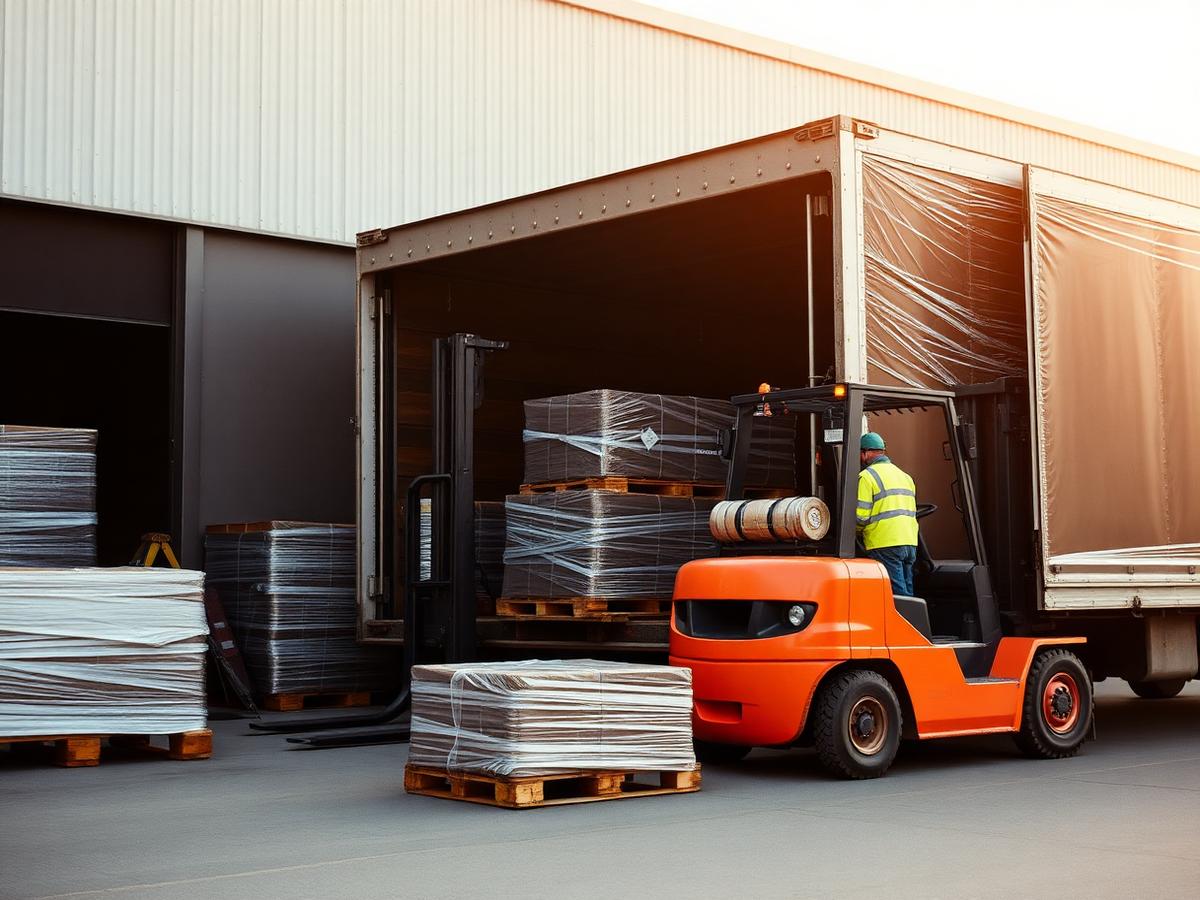 A forklift loading shrink-wrapped pallets into a road-freight trailer at a loading bay